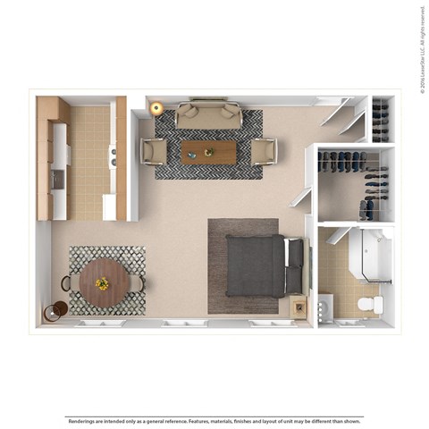 Floor plan for 1 bed, 1 bath, 579 sqft